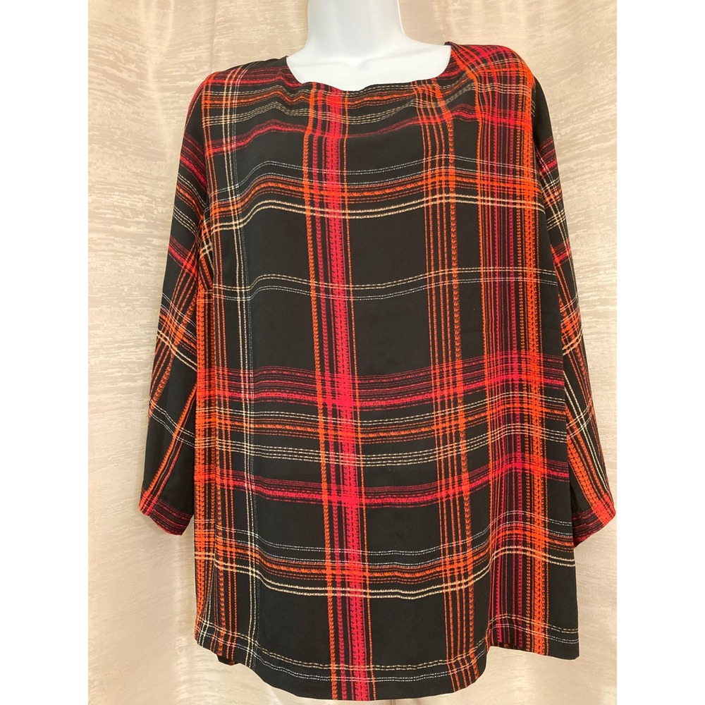 Premise Studio Woman Plaid Long Sleeve Tunic Top 1X Black Red Beige